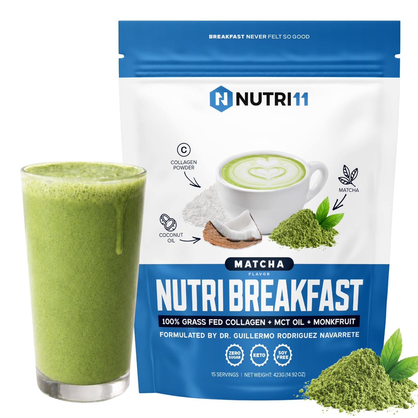 Nutri11 NutriBreakfast by Nutrillermo/Keto Protein Collagen Powder with MCT Oil/MCT Oil Powder/Keto Collagen Peptides with Grass-Fed Bovine Collagen Type I & III (15.9, Chocolate)