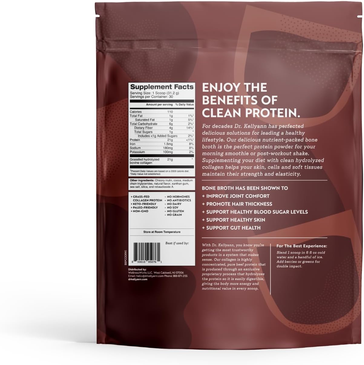 Dr. Kellyann Keto Bone Broth Protein Powder Chocolate - Protein 21g, Grass Fed Hydrolyzed Collagen - Gluten and Dairy Free, Paleo, Keto Protein Shakes (30 Servings)