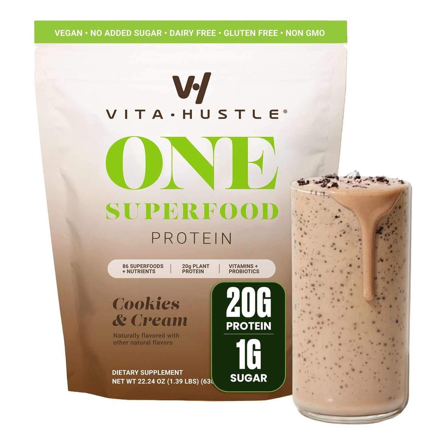 VitaHustle ONE Vegan Protein Powder, Chocolate, 15 Servings