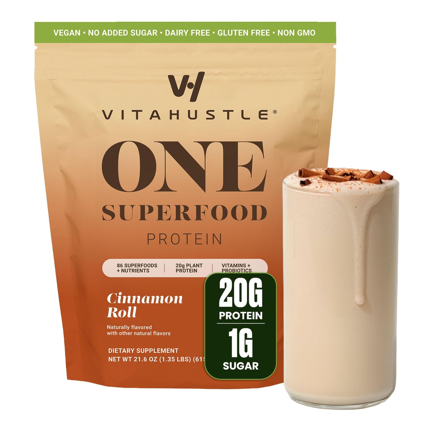 VitaHustle ONE Vegan Protein Powder, Chocolate, 15 Servings