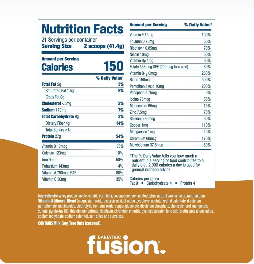 Bariatric Fusion Vanilla High Protein Meal Replacement Shake | 27g Whey Isolate Bariatric Protein Powder | Lactose Free Whey Protein Powder | Gluten and Sugar Free | 21 Servings