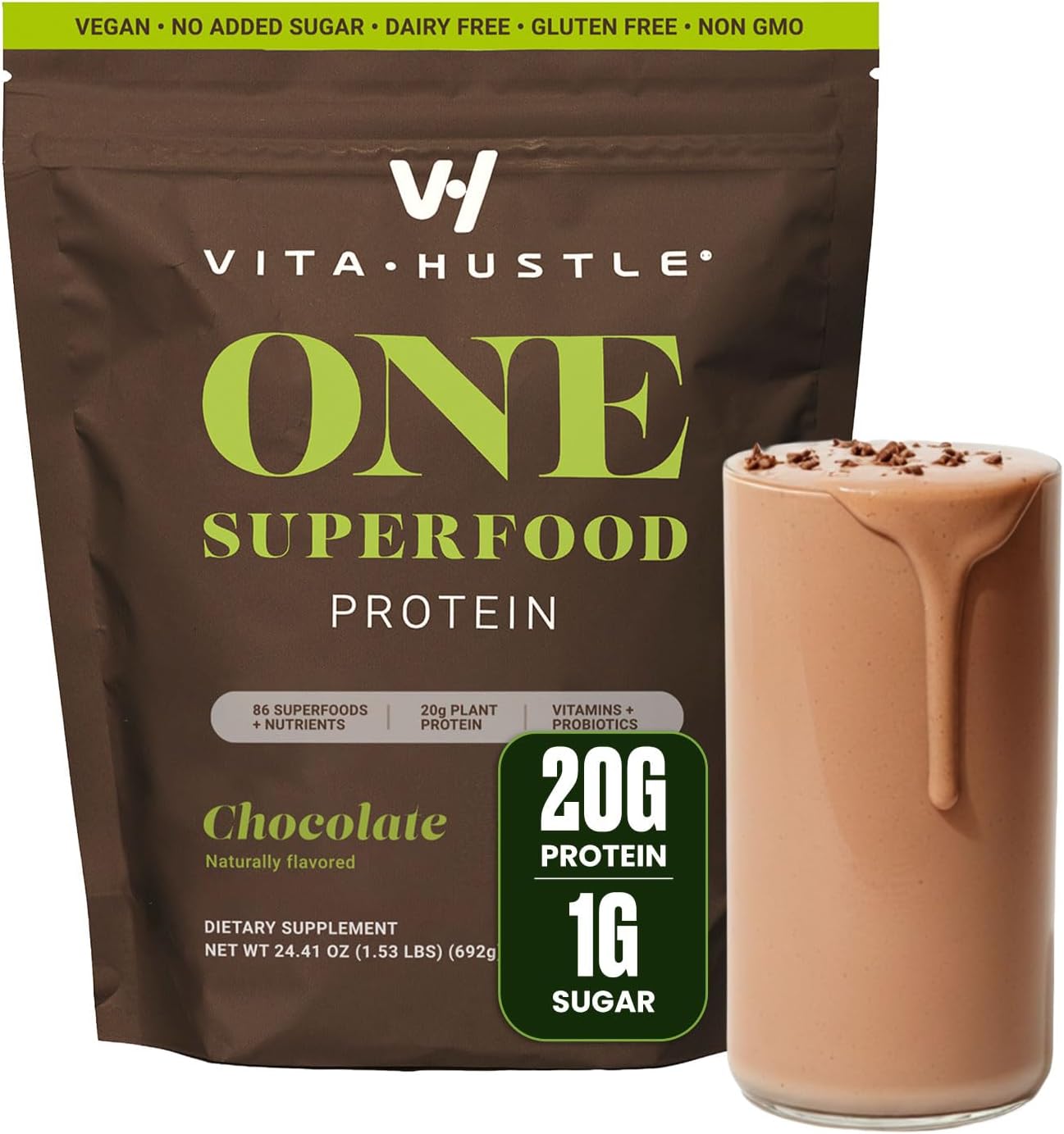 VitaHustle ONE Vegan Protein Powder, Chocolate, 15 Servings