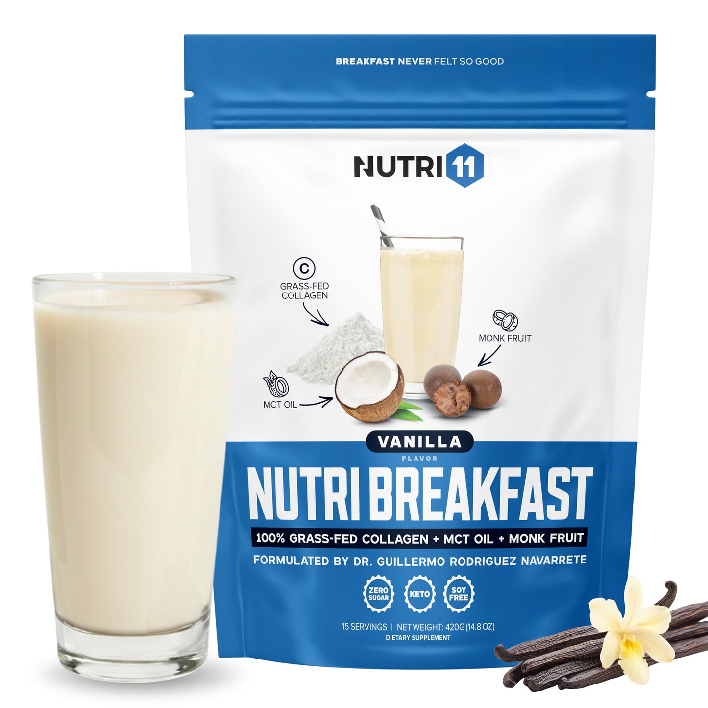 Nutri11 NutriBreakfast by Nutrillermo/Keto Protein Collagen Powder with MCT Oil/MCT Oil Powder/Keto Collagen Peptides with Grass-Fed Bovine Collagen Type I & III (15.9, Chocolate)