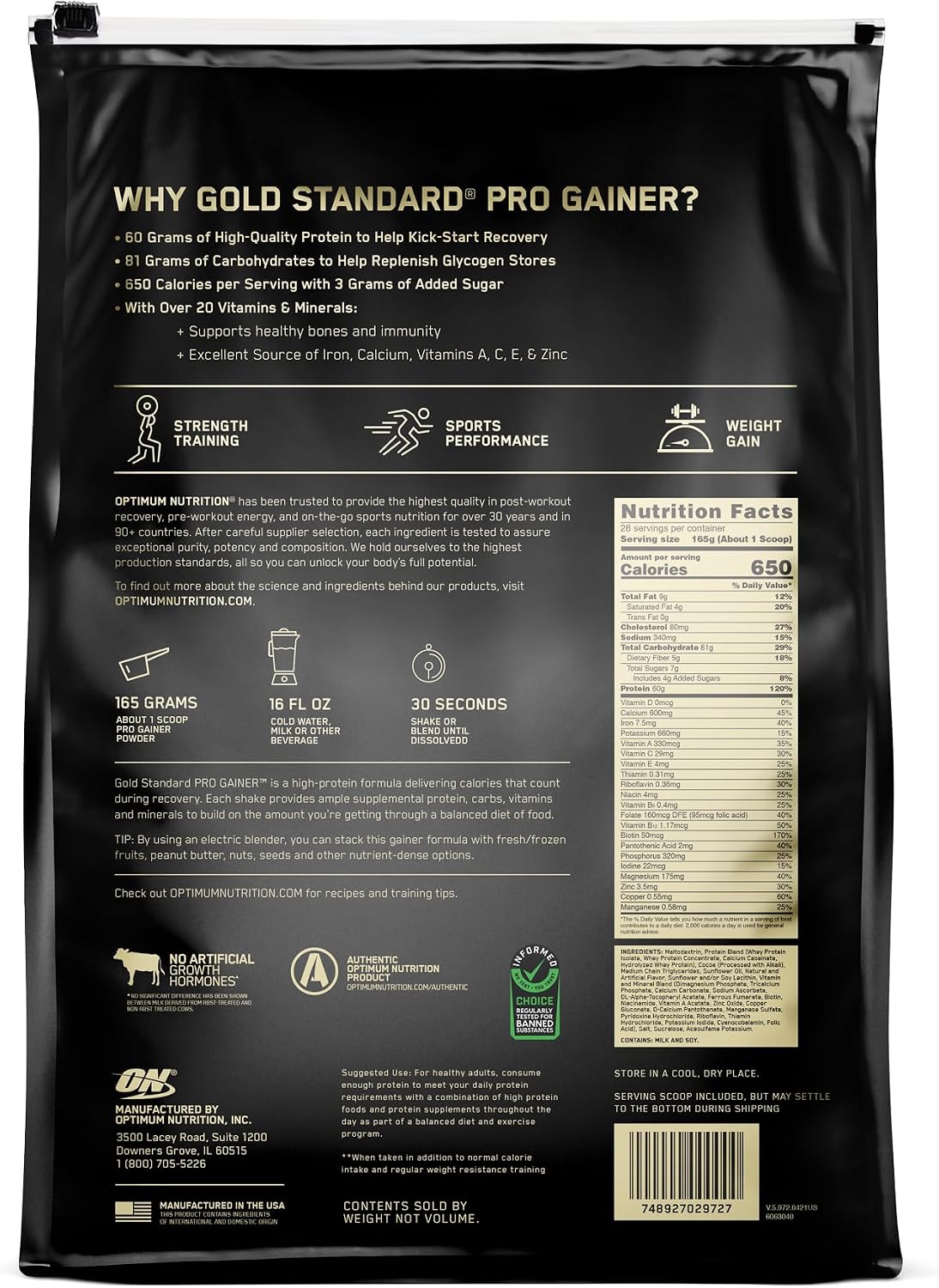 Optimum Nutrition Gold Standard Pro Gainer Protein, Double Chocolate, 10 LB
