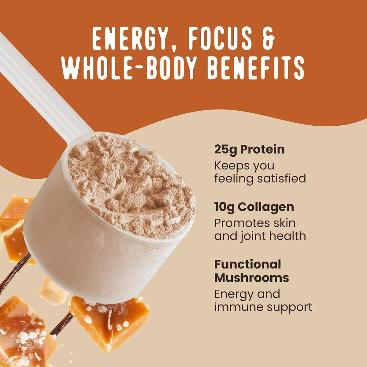 FlavCity All in One Protein Shake Powder, Salted Caramel - On the Go Meal Alternative + Collagen Peptides, Reishi & Cordyceps - Focus, Skin, Hair & Joint Support - 100% Grass Fed Whey, 20 Servings