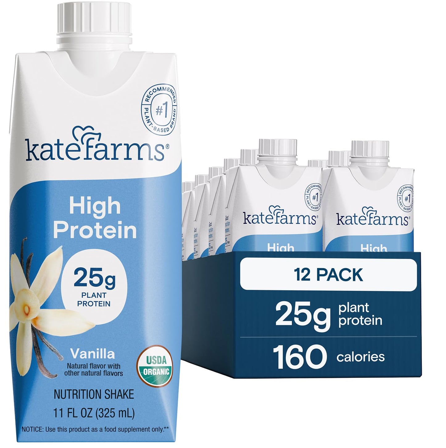 KATE FARMS Organic High Protein Chocolate Shake, 25g Protein, 12 Pack