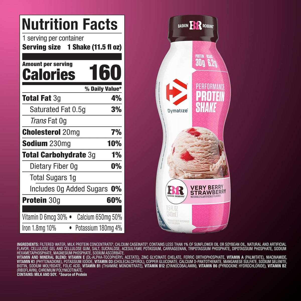 Dymatize x Baskin Robbins, Performance Protein Shake, Very Berry Strawberry, 30g Protein, 6.2g BCAA for Muscle Recovery, No Added Sugar, Low Fat, 24 Vitamins & Minerals, Gluten-Free, On-the-Go Snack, 11.5 fl oz (12 Pack)