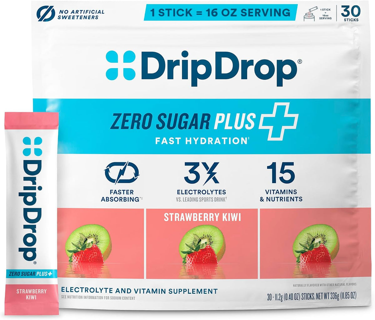 DripDrop Hydration Zero Sugar Plus Electrolytes, Strawberry Kiwi, 30 Ct