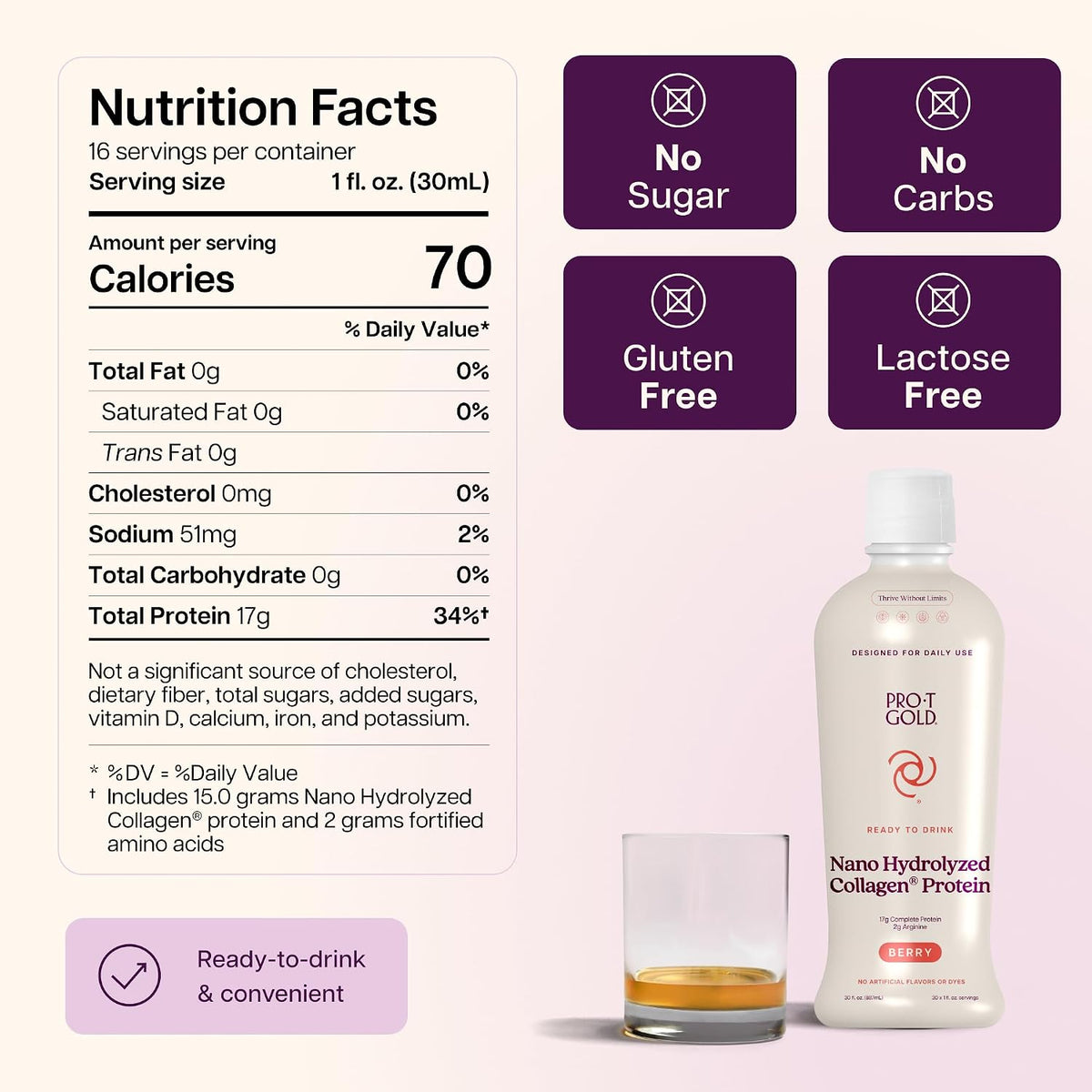 ProT Gold Liquid Collagen Protein Shot, Berry, 17g Protein, 30 fl oz