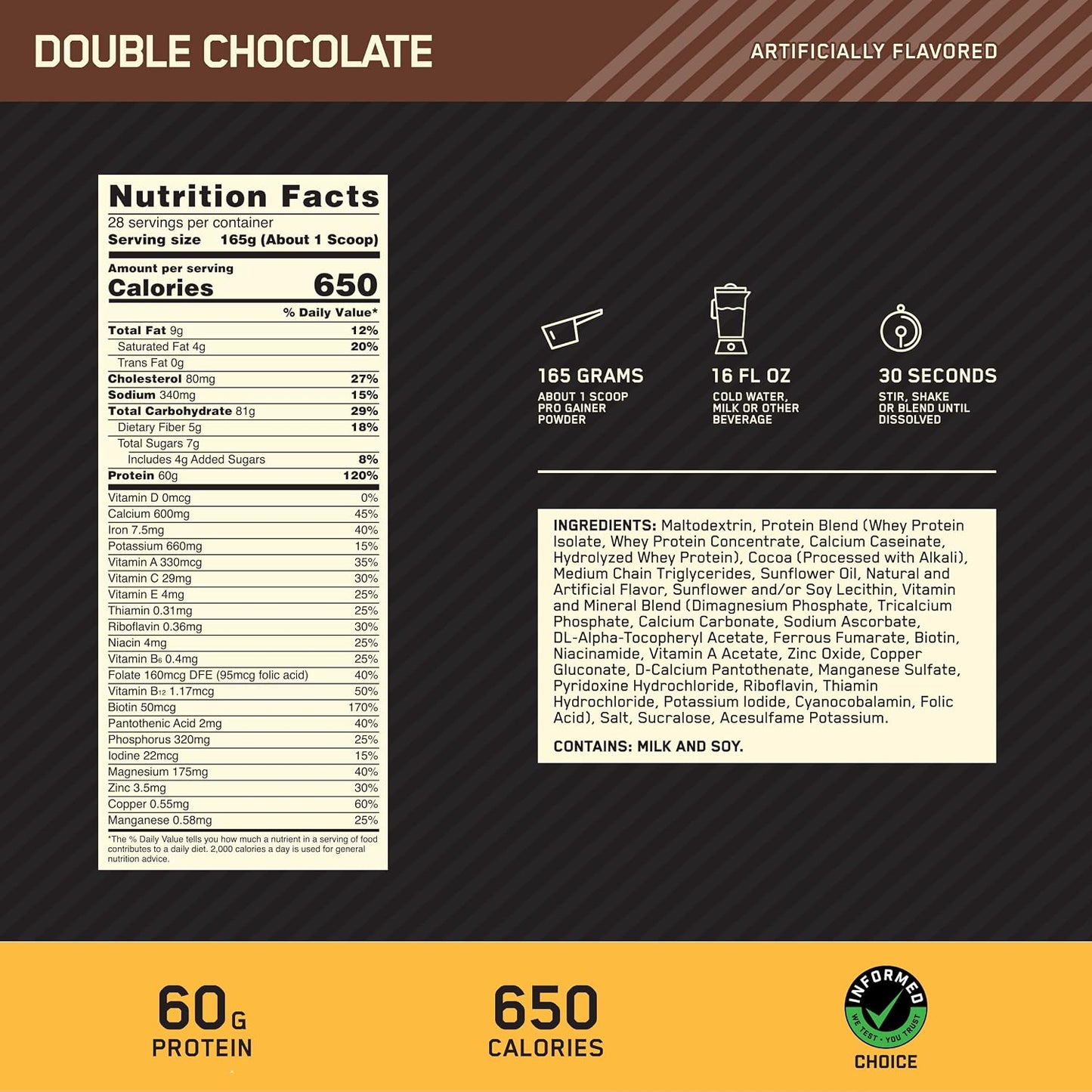 Optimum Nutrition Gold Standard Pro Gainer Protein, Double Chocolate, 10 LB