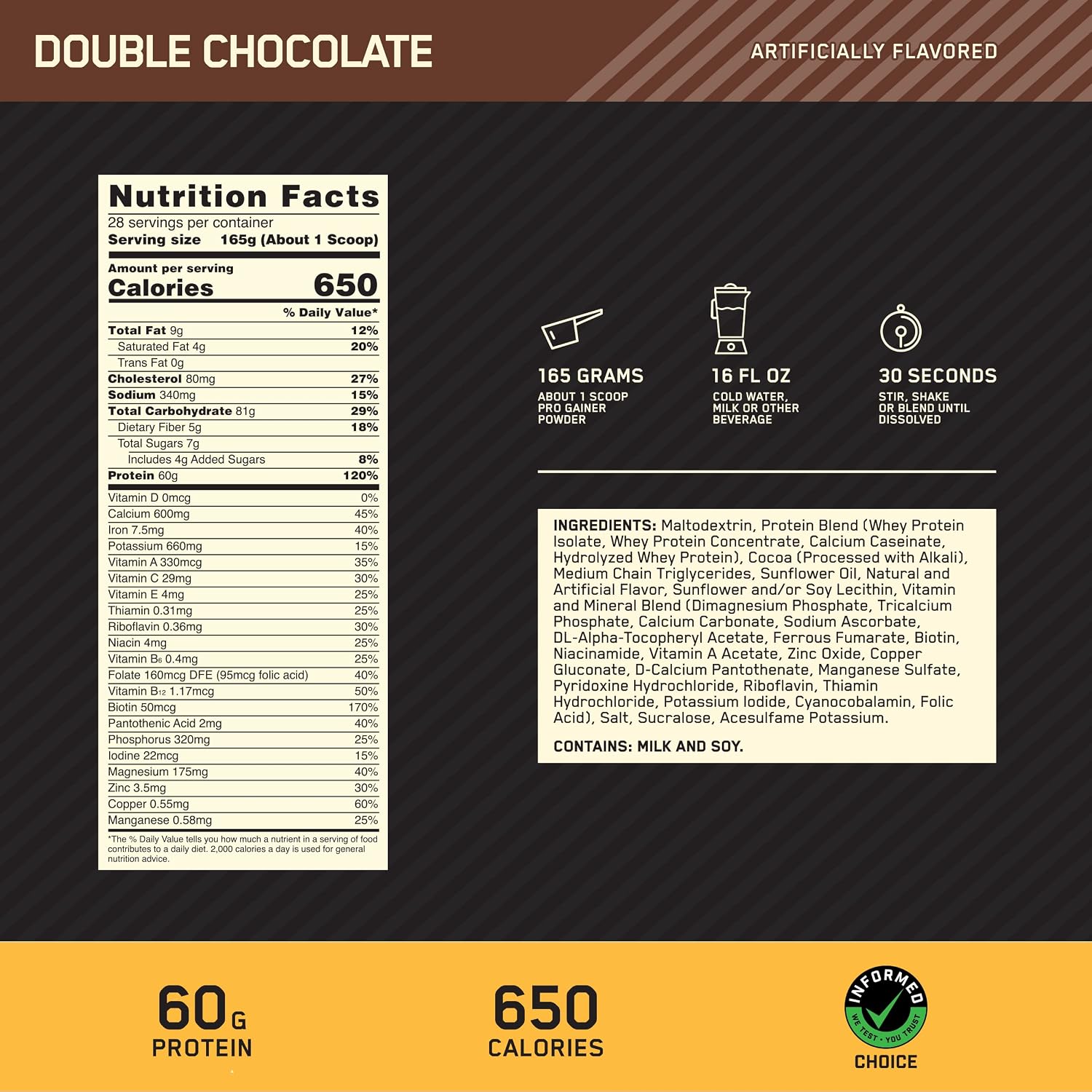 Optimum Nutrition Gold Standard Pro Gainer Protein, Double Chocolate, 10 LB