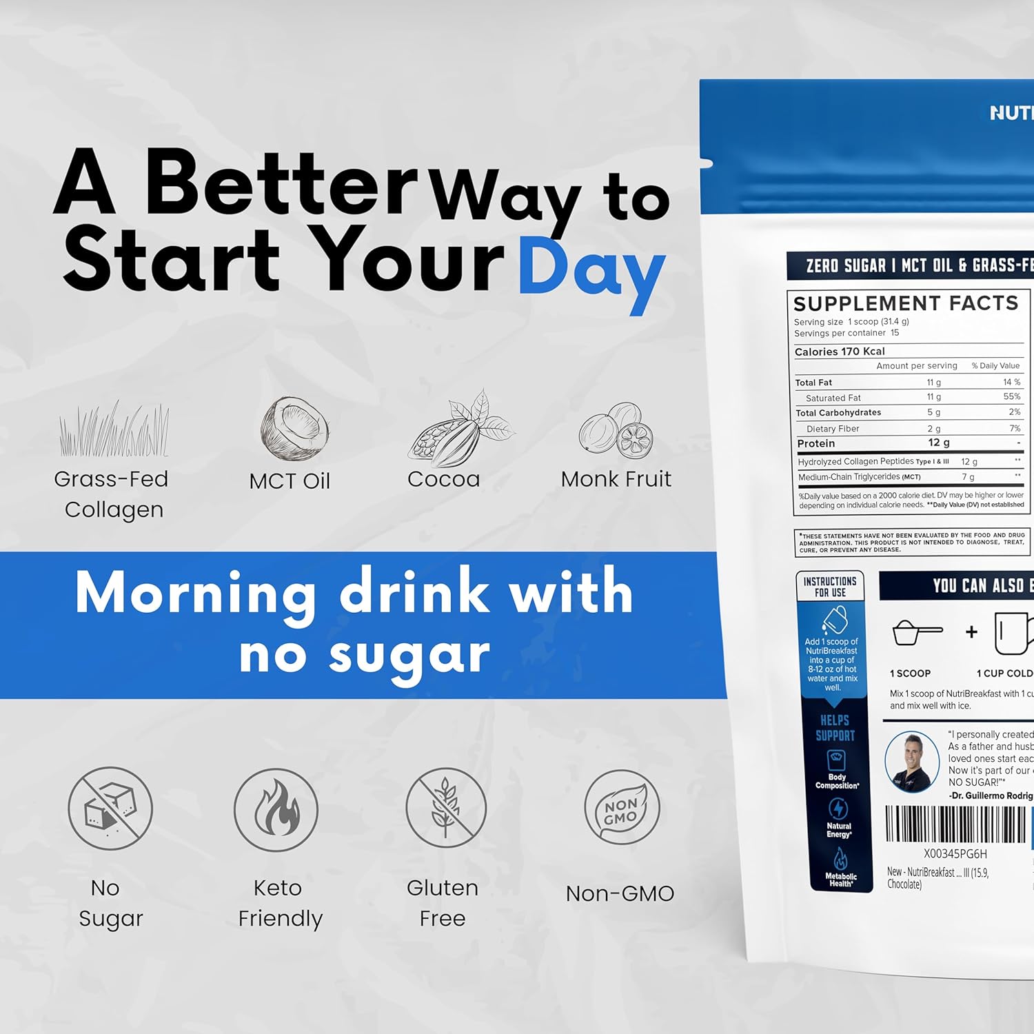 Nutri11 NutriBreakfast by Nutrillermo/Keto Protein Collagen Powder with MCT Oil/MCT Oil Powder/Keto Collagen Peptides with Grass-Fed Bovine Collagen Type I & III (15.9, Chocolate)