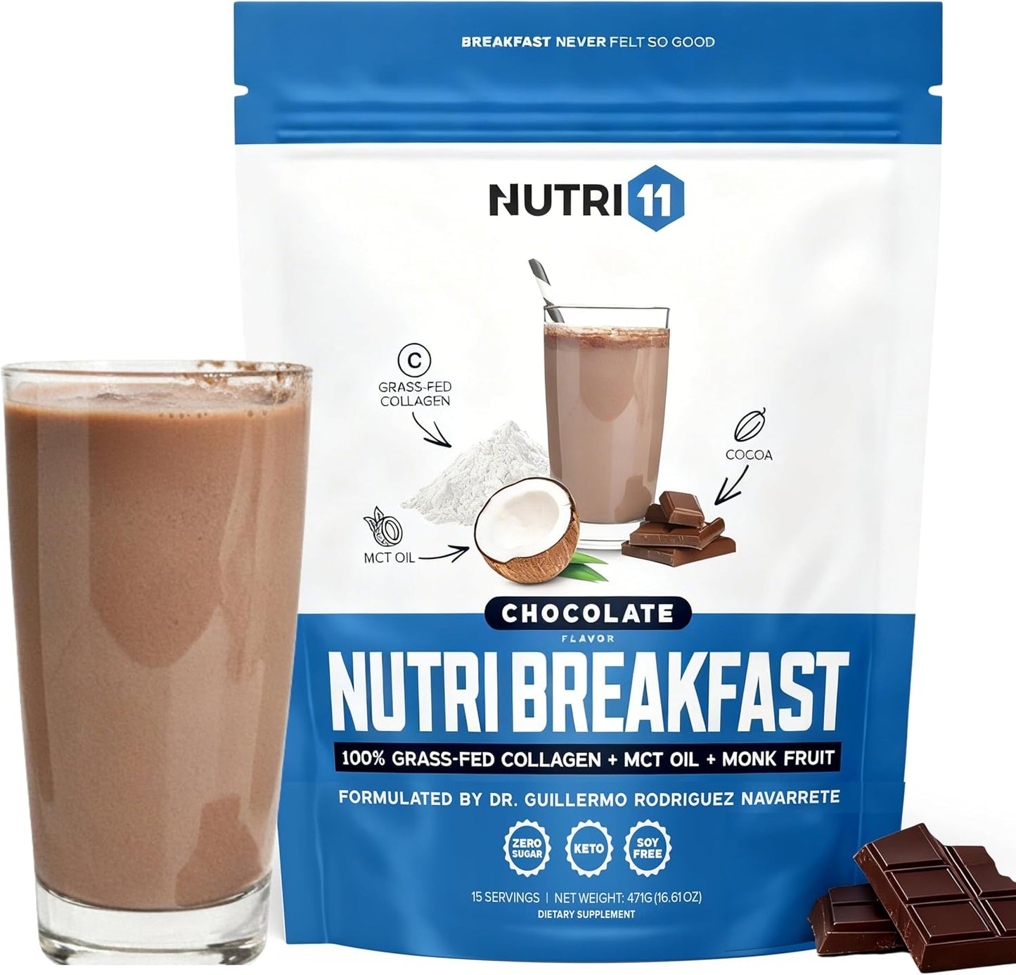 Nutri11 NutriBreakfast by Nutrillermo/Keto Protein Collagen Powder with MCT Oil/MCT Oil Powder/Keto Collagen Peptides with Grass-Fed Bovine Collagen Type I & III (15.9, Chocolate)