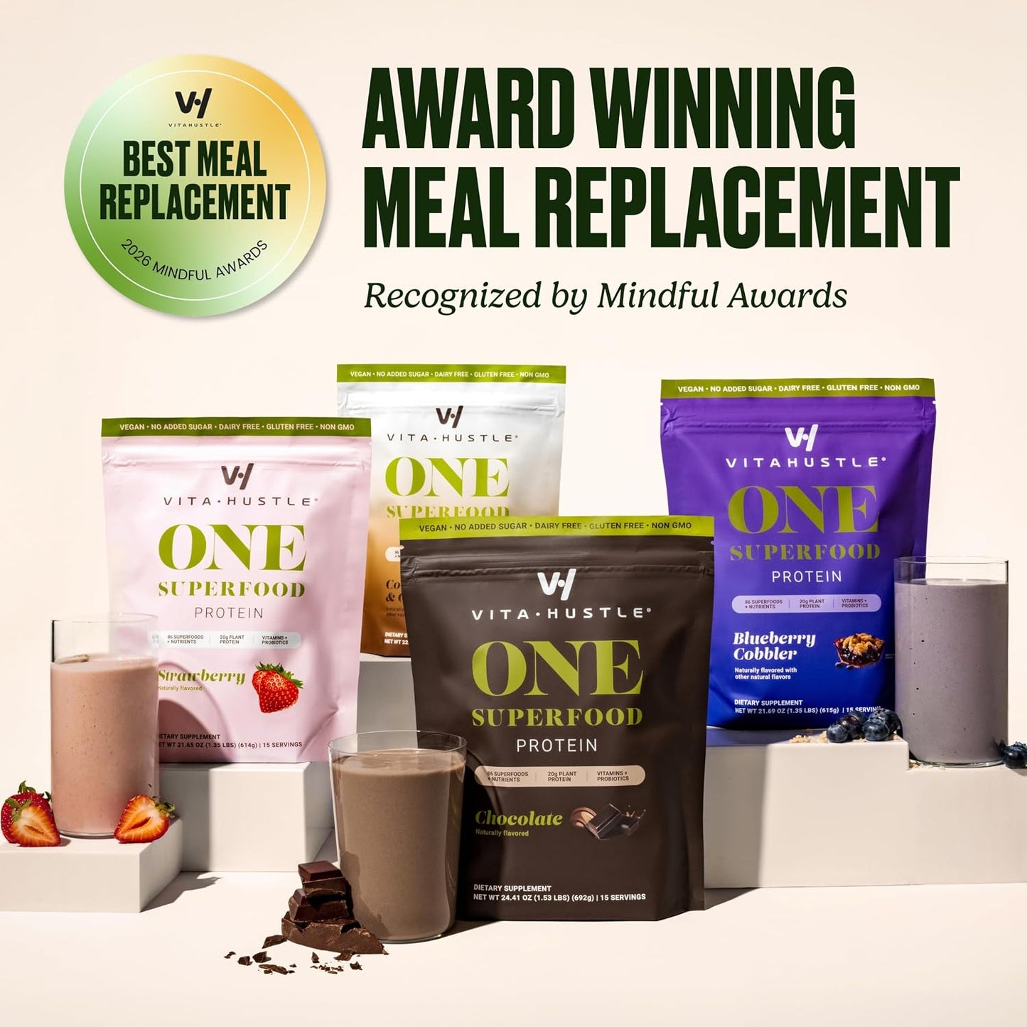 VitaHustle ONE Vegan Protein Powder, Chocolate, 15 Servings