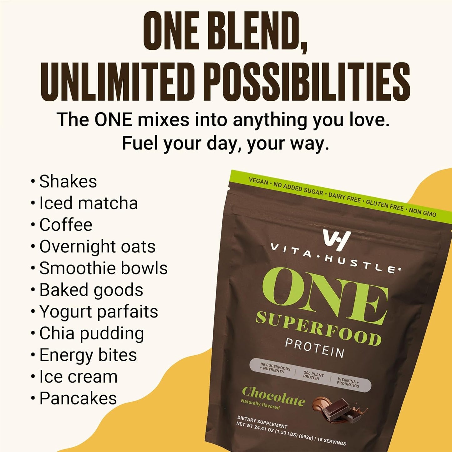 VitaHustle ONE Vegan Protein Powder, Chocolate, 15 Servings