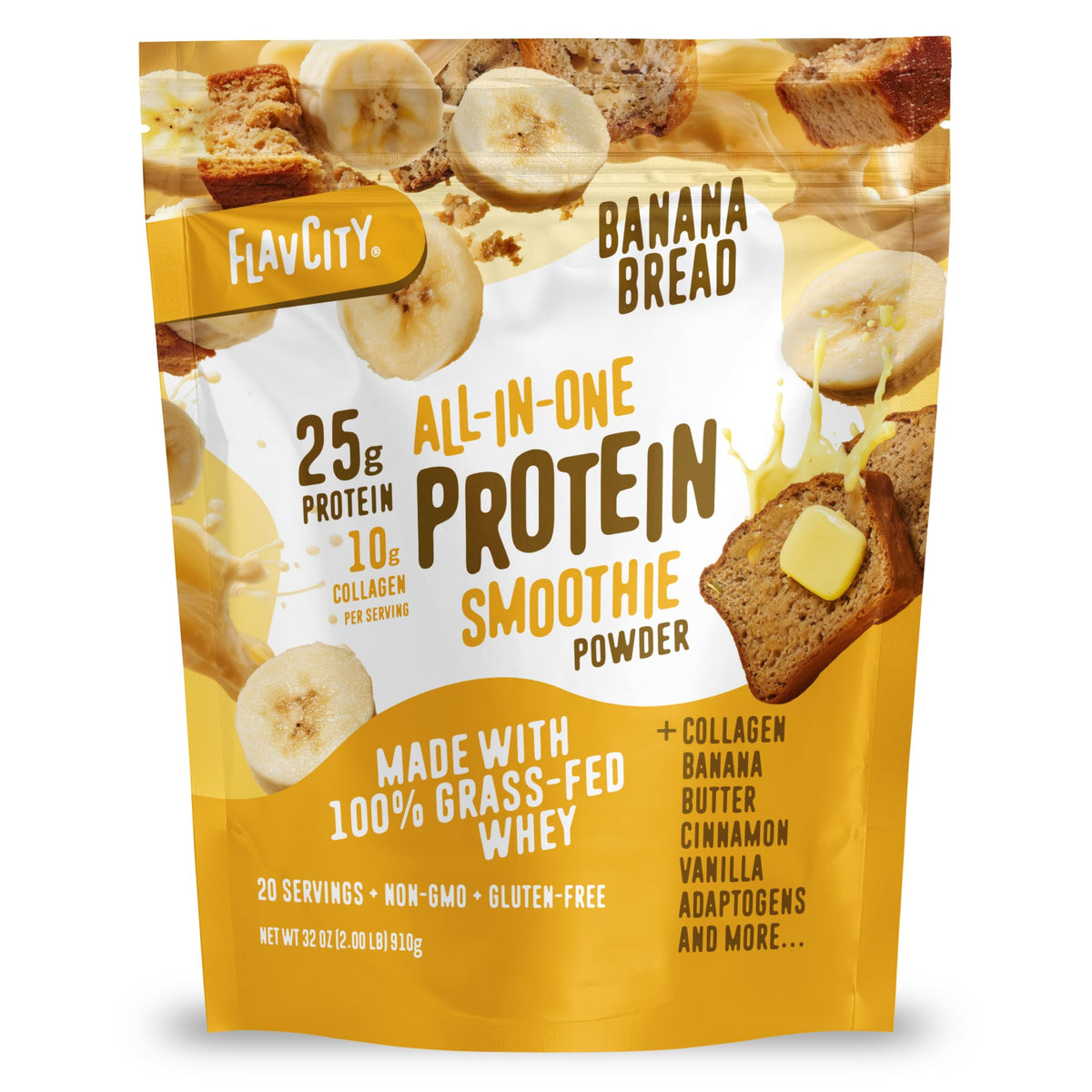 FlavCity All in One Protein Shake Powder, Salted Caramel - On the Go Meal Alternative + Collagen Peptides, Reishi & Cordyceps - Focus, Skin, Hair & Joint Support - 100% Grass Fed Whey, 20 Servings