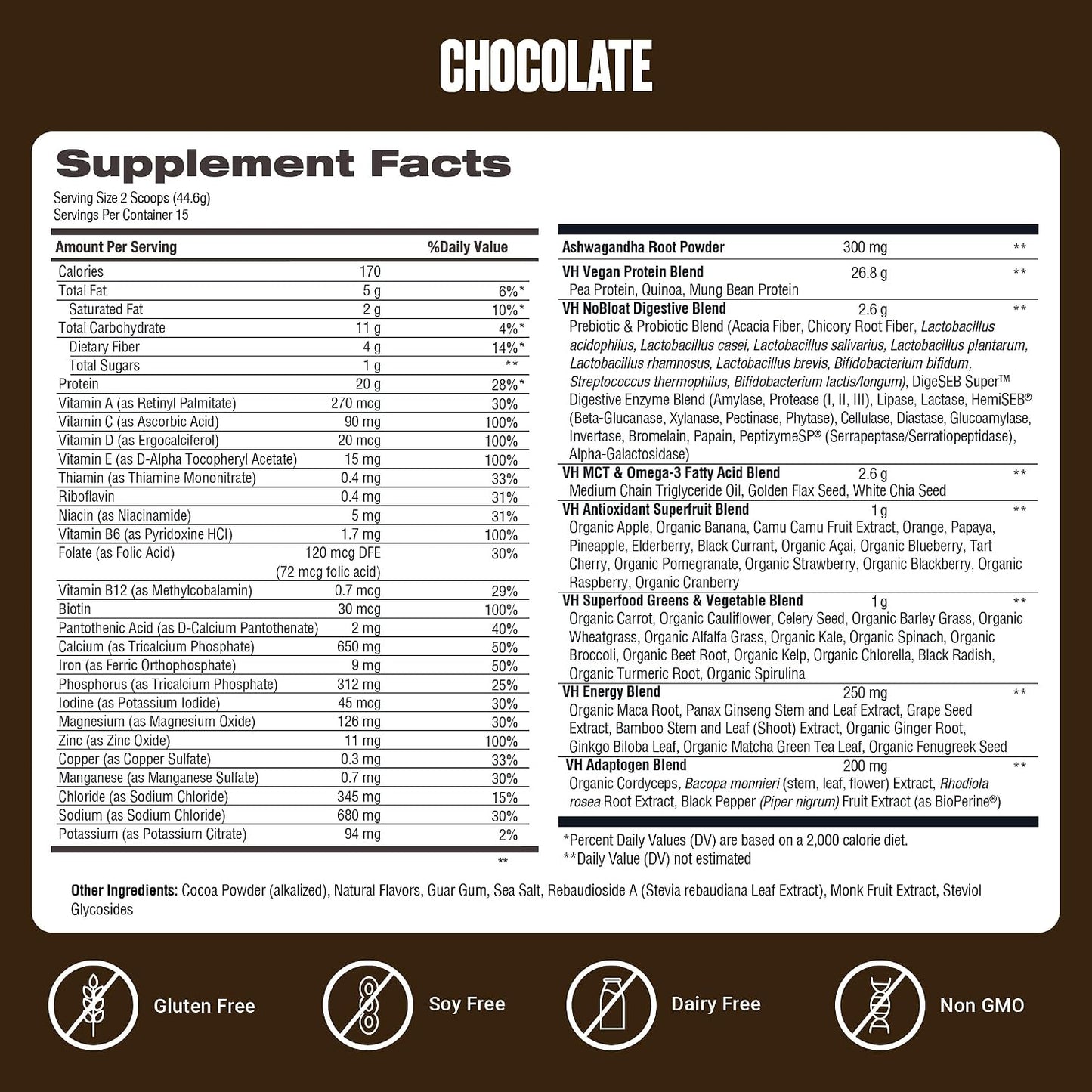 VitaHustle ONE Vegan Protein Powder, Chocolate, 15 Servings