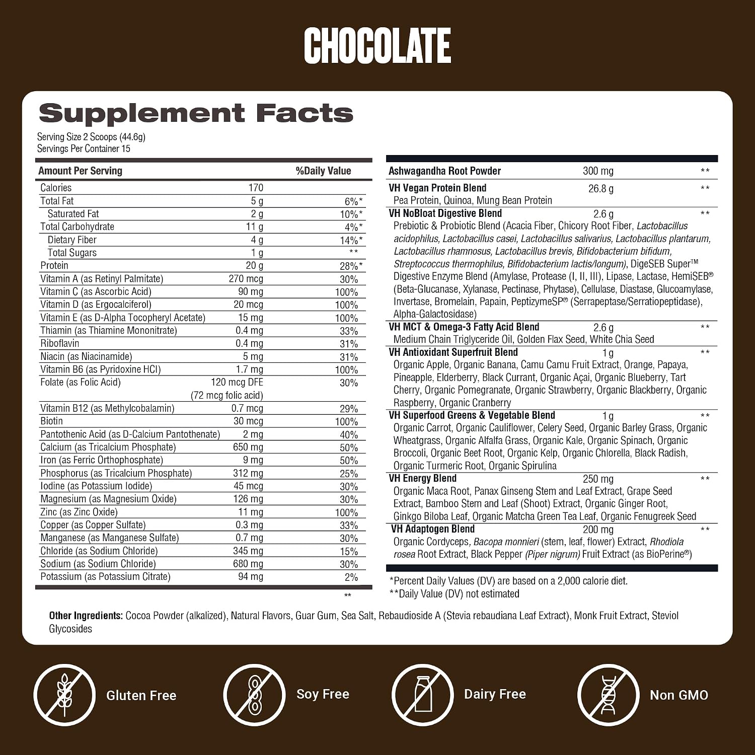 VitaHustle ONE Vegan Protein Powder, Chocolate, 15 Servings