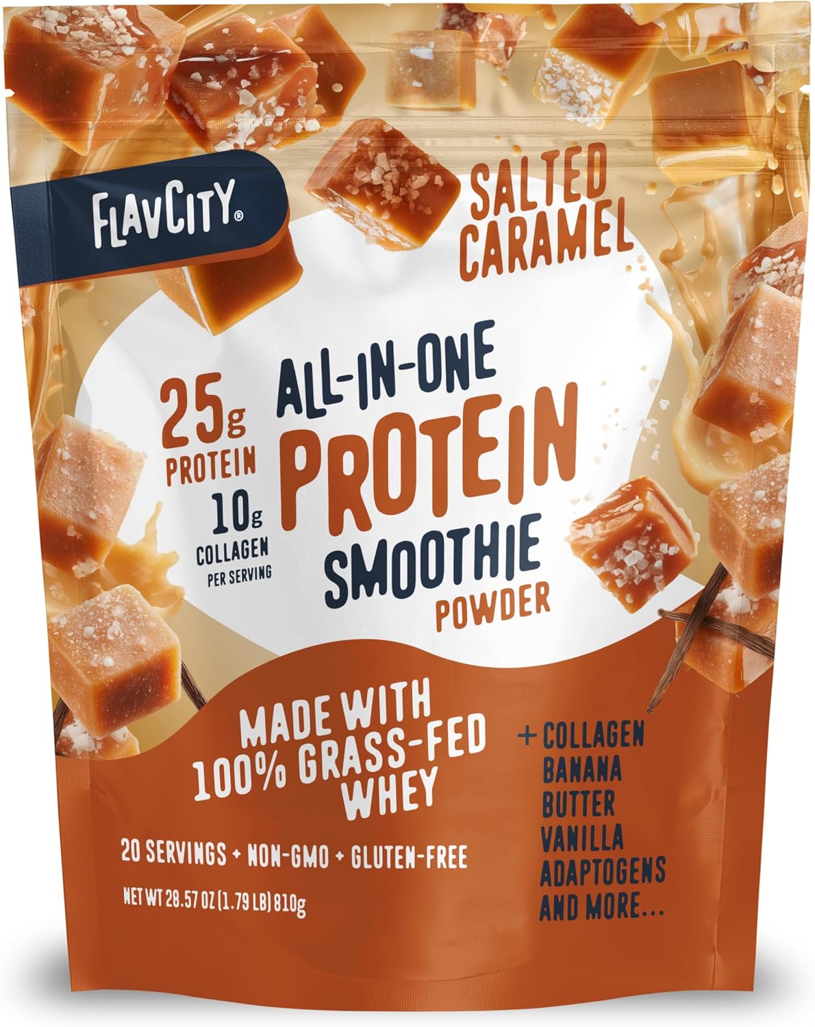 FlavCity All in One Protein Shake Powder, Salted Caramel - On the Go Meal Alternative + Collagen Peptides, Reishi & Cordyceps - Focus, Skin, Hair & Joint Support - 100% Grass Fed Whey, 20 Servings
