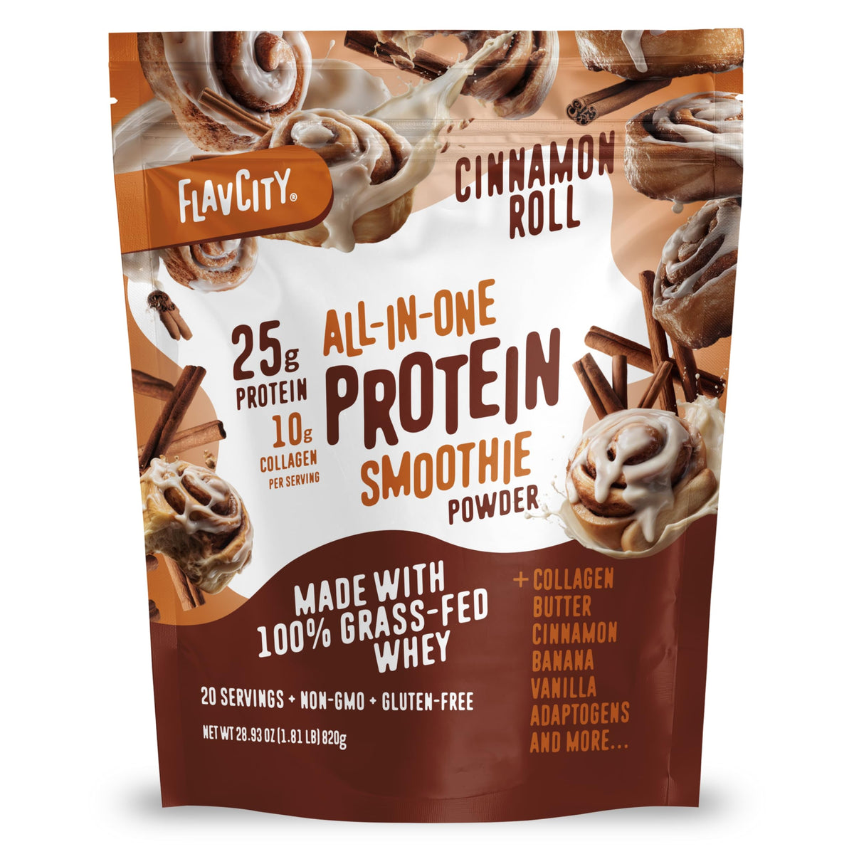 FlavCity All in One Protein Shake Powder, Salted Caramel - On the Go Meal Alternative + Collagen Peptides, Reishi & Cordyceps - Focus, Skin, Hair & Joint Support - 100% Grass Fed Whey, 20 Servings