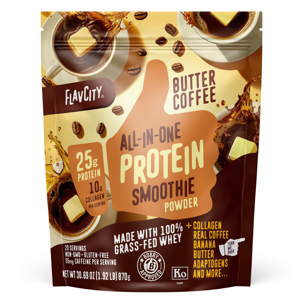 FlavCity All in One Protein Shake Powder, Salted Caramel - On the Go Meal Alternative + Collagen Peptides, Reishi & Cordyceps - Focus, Skin, Hair & Joint Support - 100% Grass Fed Whey, 20 Servings