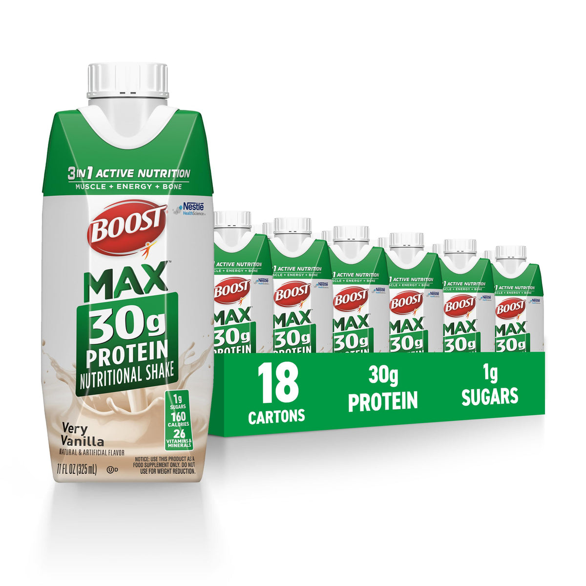 BOOST MAX Protein Shakes Ready to Drink, Chocolate, 11 Fl Oz, (Pack of 18)