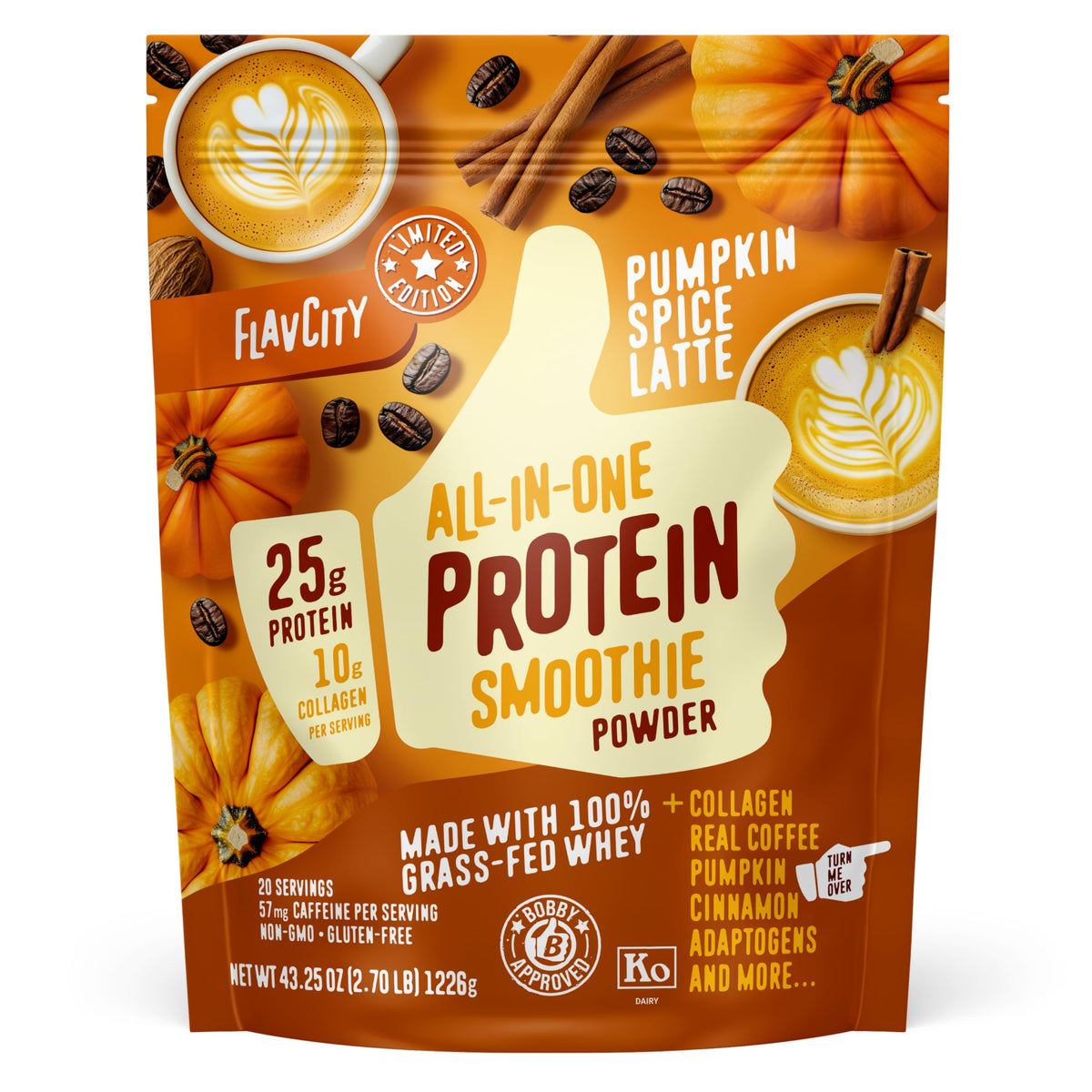 FlavCity All in One Protein Shake Powder, Salted Caramel - On the Go Meal Alternative + Collagen Peptides, Reishi & Cordyceps - Focus, Skin, Hair & Joint Support - 100% Grass Fed Whey, 20 Servings