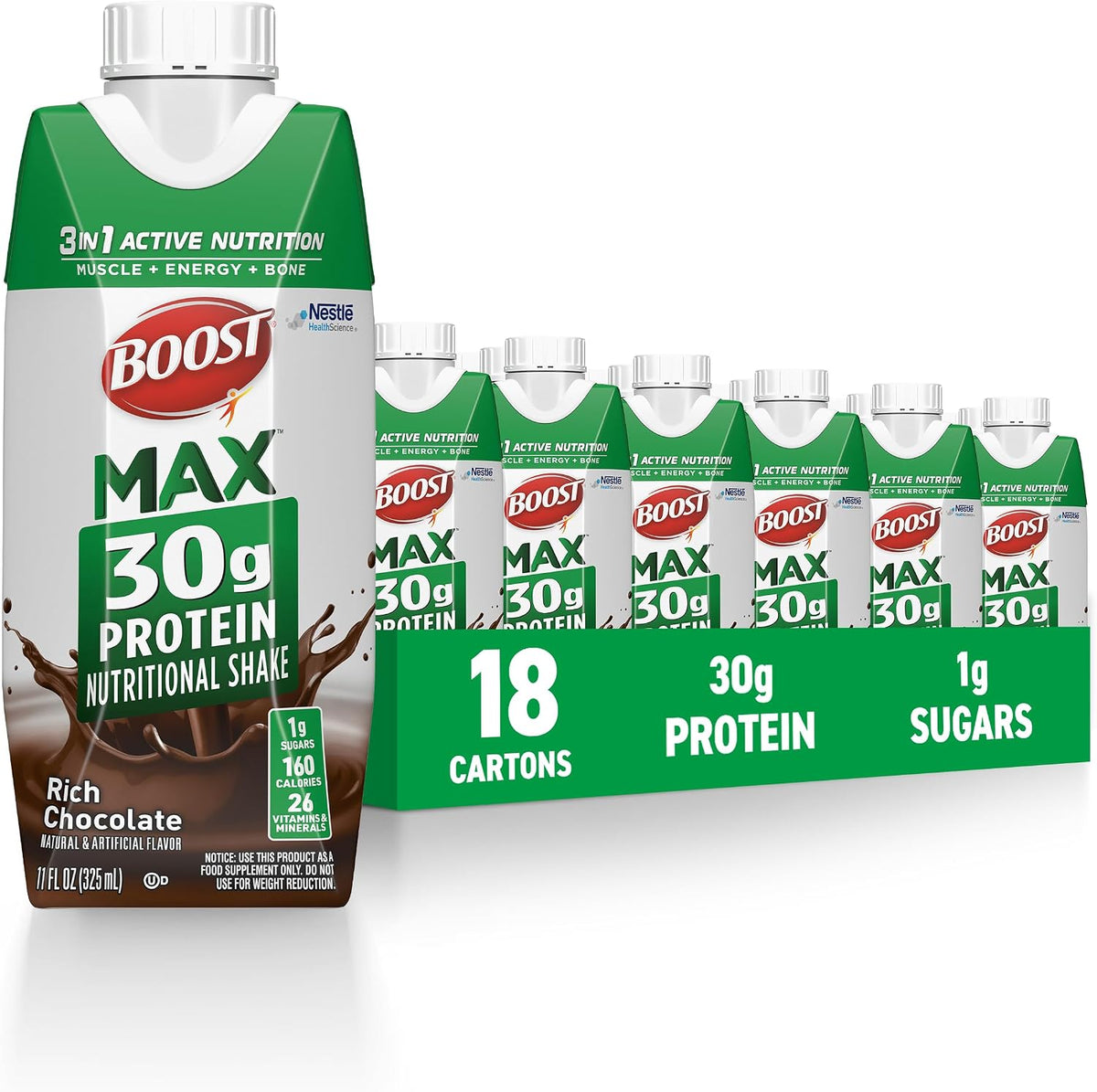 BOOST MAX Protein Shakes Ready to Drink, Chocolate, 11 Fl Oz, (Pack of 18)