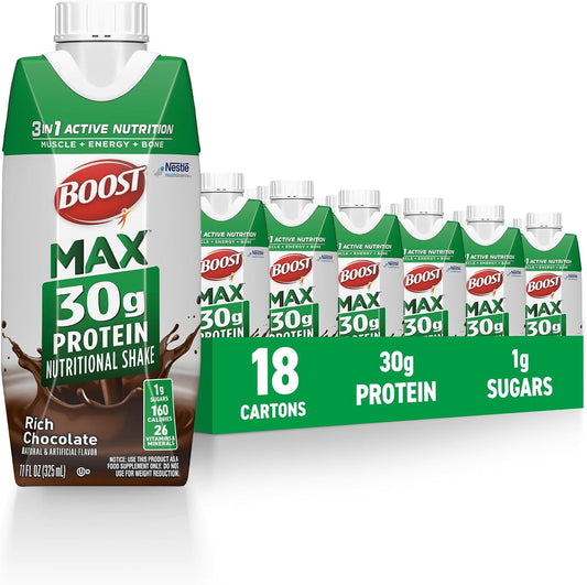 BOOST MAX Protein Shakes Ready to Drink, Chocolate, 11 Fl Oz, (Pack of 18)