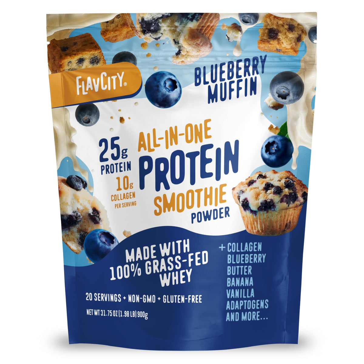 FlavCity All in One Protein Shake Powder, Salted Caramel - On the Go Meal Alternative + Collagen Peptides, Reishi & Cordyceps - Focus, Skin, Hair & Joint Support - 100% Grass Fed Whey, 20 Servings