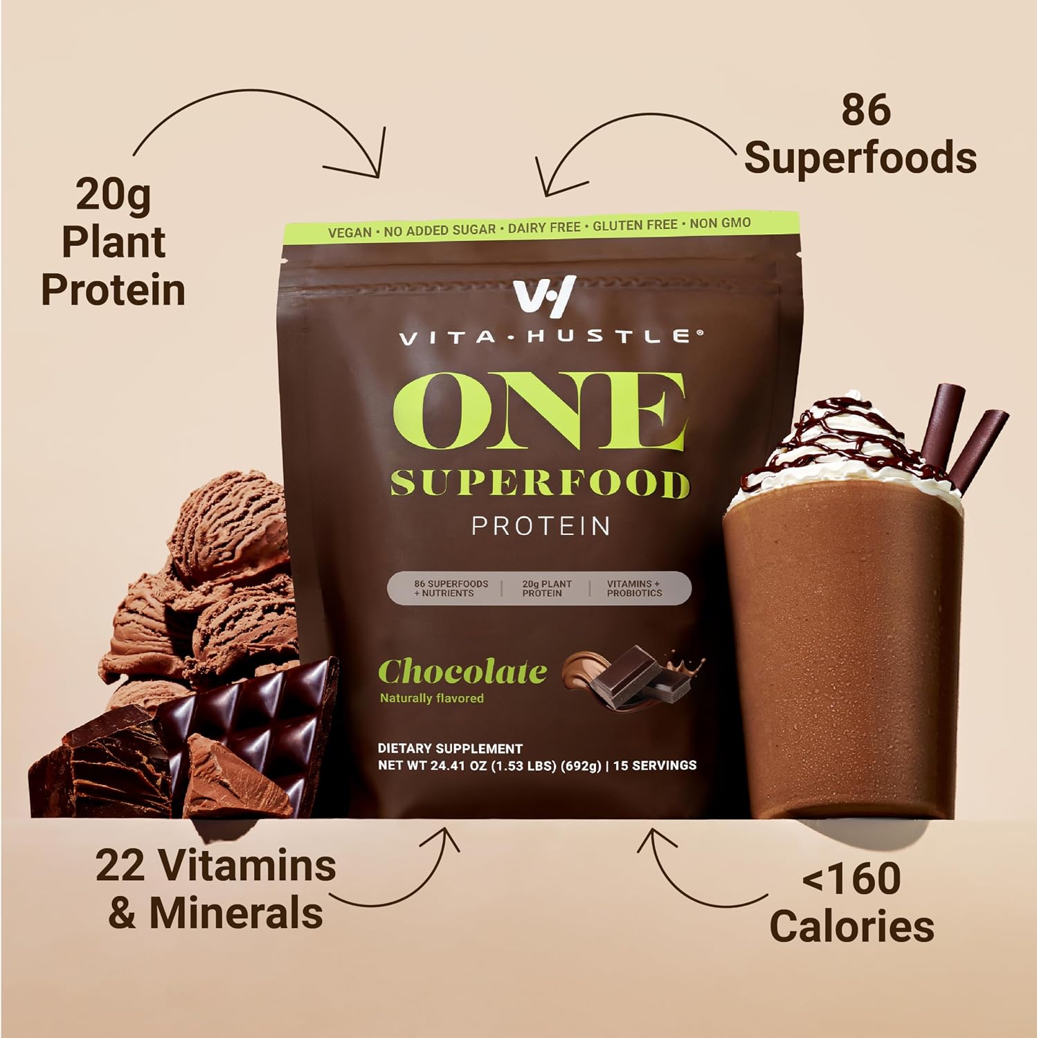 VitaHustle ONE Vegan Protein Powder, Chocolate, 15 Servings