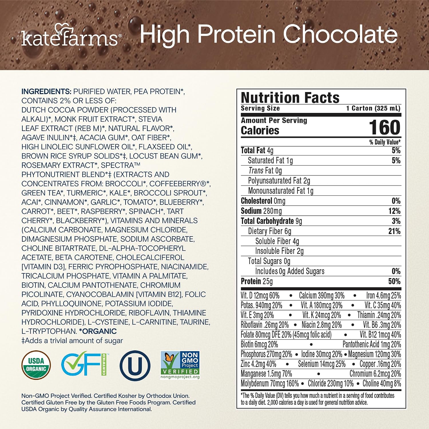 KATE FARMS Organic High Protein Chocolate Shake, 25g Protein, 12 Pack