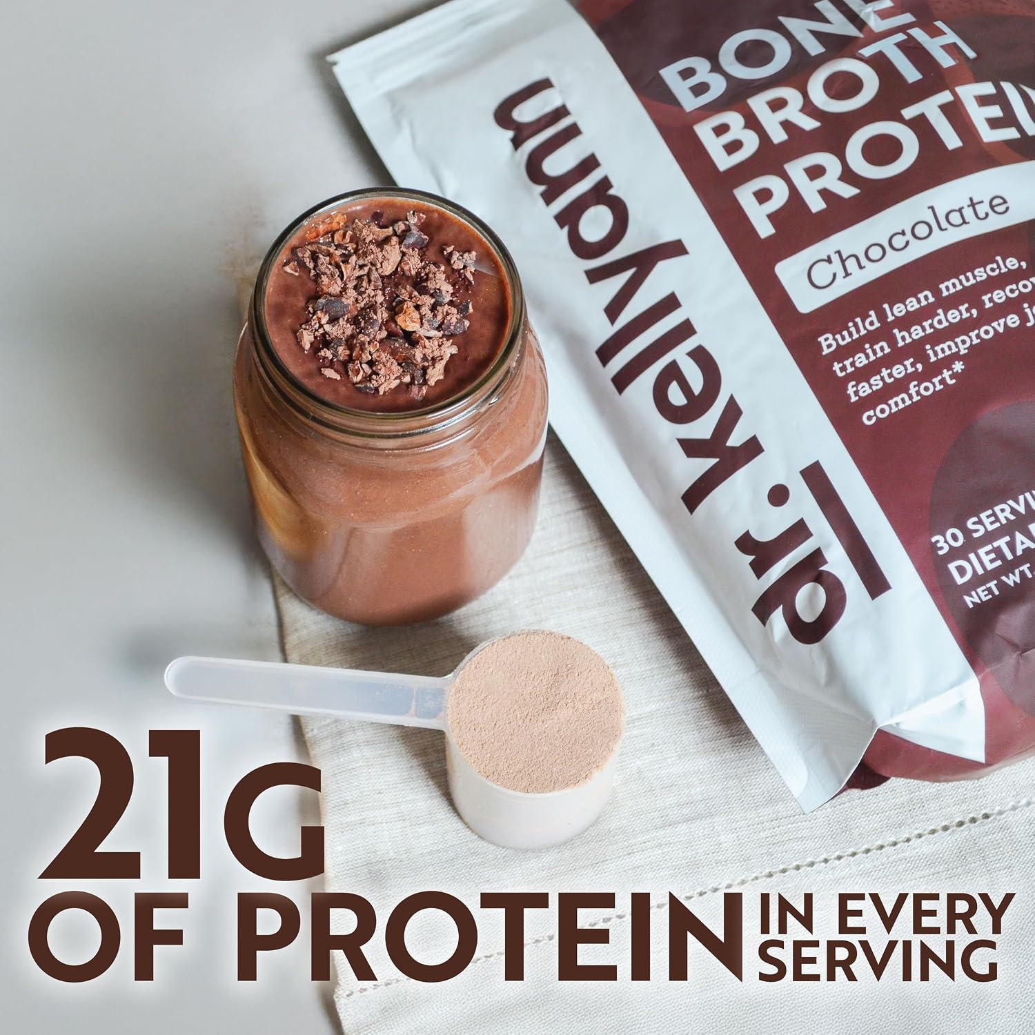 Dr. Kellyann Keto Bone Broth Protein Powder Chocolate - Protein 21g, Grass Fed Hydrolyzed Collagen - Gluten and Dairy Free, Paleo, Keto Protein Shakes (30 Servings)